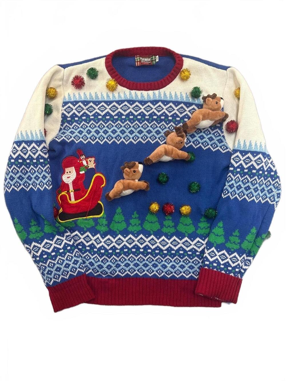 Vintage Ugly Christmas Sweater Santa Sleigh 3D Reindeer Pom Poms Blue
